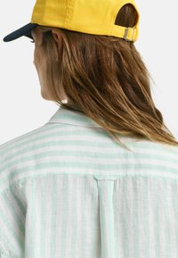 Camisa a rayas verde menta y blanca con detalle de pliegue en la espalda, combinada con una gorra de béisbol amarilla. La camisa cuenta con un diseño de cuello clásico.