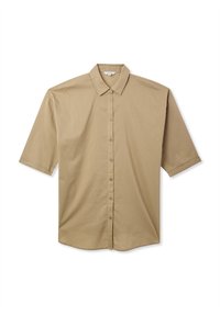 Camicia a maniche corte con bottoni in tessuto beige. Presenta un colletto a punta e bottoni marroni lungo la parte anteriore. Texture liscia, vestibilità rilassata.