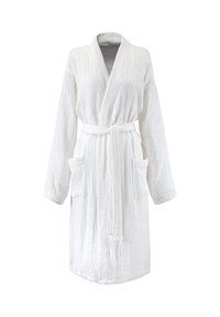 Peignoir de bain blanc, texturé, avec un design enveloppant, des manches longues, une ceinture à nouer et deux poches avant. Fabriqué en matériau doux et léger.