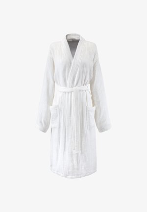 White, textured bathrobe with a wrap design, long sleeves, a tie belt, and two front pockets. Made from soft, lightweight material.