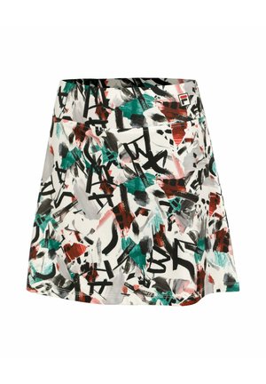 Witte rok met abstracte zwarte, groene, rode en grijze penseelstreekpatronen en klein voorzakje met een Fila-logo.