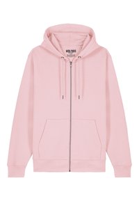 Sudadera rosa con cremallera, hecha de una tela suave, que cuenta con una gran capucha, cordones ajustables, bolsillos frontales y puños y dobladillo de canalé.
