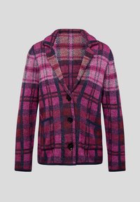 Wollmischung-Cardigan mit einem karierten Muster in den Farbtönen Rosa, Marineblau und Burgunderrot. Verfügt über einen eingeknickten Kragen und drei schwarze Knöpfe.