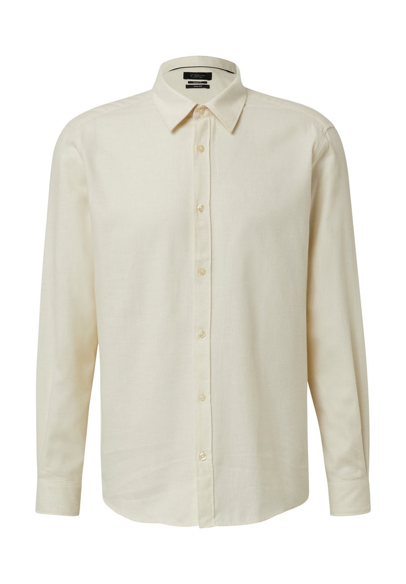 Camicia a maniche lunghe color crema. Presenta un colletto standard, chiusura con bottoni e texture liscia. Tessuto leggero con taglio dritto.