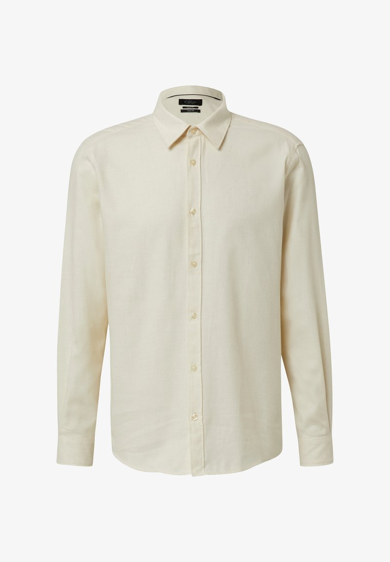 Camicia a maniche lunghe color crema. Presenta un colletto standard, chiusura con bottoni e texture liscia. Tessuto leggero con taglio dritto.