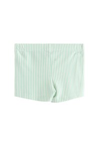 Lys grønne og hvide stribede badshorts med en glat tekstur og en strækbund, der har en mid-thigh længde og rene linjer.