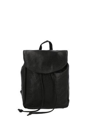 Black leather backpack with a rounded flap, drawstring closure, and a top handle for carrying. Soft texture and minimalistic design.
