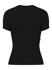 Μαύρο κοντομάνικο μπλουζάκι με εφαρμοστή σιλουέτα. Λεπτή υφή χωρίς ορατά σχέδια ή μεταλλικά στοιχεία. Εμφανίζεται η πίσω όψη.