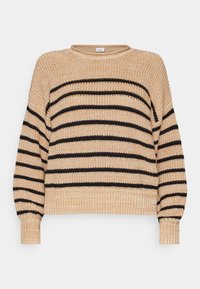 Suéter de punto beige con franjas horizontales negras, cuello redondo y puños acanalados. Tejido texturizado con un corte holgado.