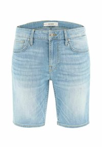 Shorts di denim azzurro chiaro con una texture liscia, design a cinque tasche e vita con logo. Presentano una chiusura a bottone e un taglio dritto.