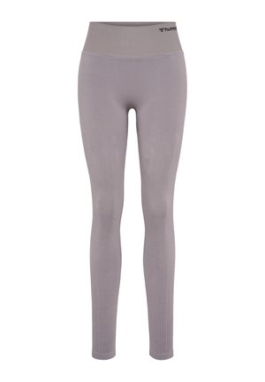 Light purple seamless athletic leggings with high waistband and subtle pattern details, featuring small brand logo on waistband.
