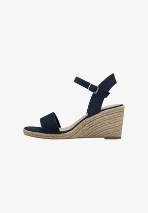 Marineblauwe suede wedge sandalen met een geweven jute hak, voorzien van een verstelbare enkelband en een open teen ontwerp voor ademend vermogen en stijl.