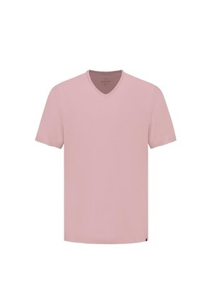 Růžové bavlněné tričko s V-výstřihem, krátkým rukávem a rovný střih. Hladká textura a minimalistický design, bez viditelných vzorů nebo akcentů.