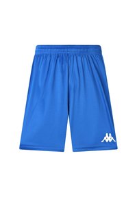 Blå atletiska shorts av ett smidigt och lätt tyg. Har en elastisk midja och en vit logotyp på den nedre vänstra sidan.