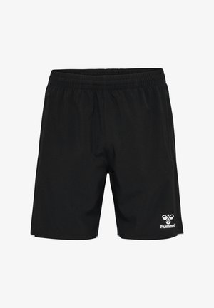 Schwarze Sportshorts mit elastischem Bund und weißem Hummel-Logo am unteren rechten Bein, dargestellt auf weißem Hintergrund.