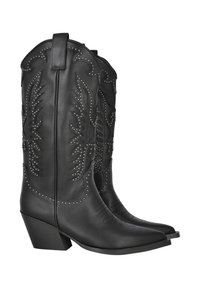 Botas de cowboy de cuero negro con punteras puntiagudas, costuras decorativas y acentos de remaches en el caño. Diseño de tacón apilado.