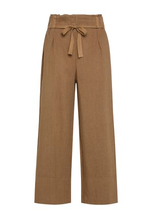 Pantaloni larghi marroni realizzati in un tessuto testurizzato, con vita regolabile tramite cordoncino e tasche laterali. Design minimalista senza motivi visibili.