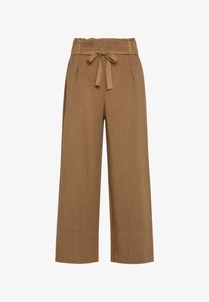 Brązowe spodnie typu wide-leg wykonane z teksturowanej tkaniny, posiadające elastyczny pasek ze sznurkiem i boczne kieszenie. Minimalistyczny design bez widocznych wzorów.