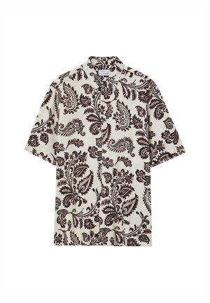Chemise à manches courtes en tissu léger, avec un fond crème orné de motifs paisley en marron foncé et un col classique.