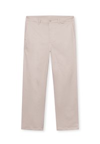 Béžové bavlnené nohavice s rovnými nohavicami, s dvoma prednými vreckami a zapínaním na gombík. Hladká textúra bez viditeľných vzorov.