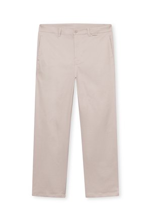 Beżowe bawełniane spodnie z prostymi nogawkami, posiadające dwie przednie kieszenie i zapięcie na guzik. Gładka faktura bez widocznych wzorów.