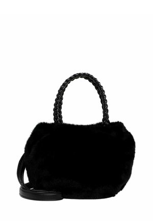 Small black faux fur handbag with braided leather handles and a detachable leather shoulder strap.