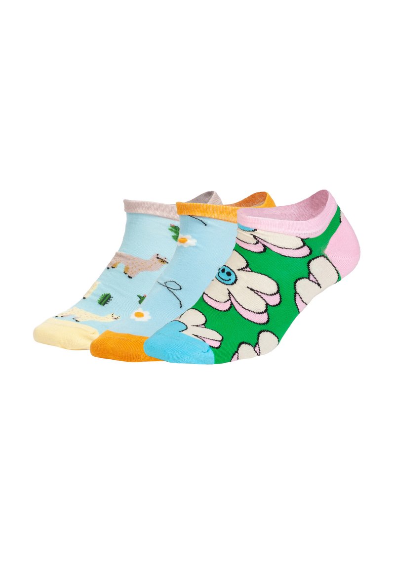 Drei bunte Knöchelsocken mit verspielten Designs: grün mit großen weißen Blumen, blau mit Bienen und Gänseblümchen und hellblau mit Lamas.