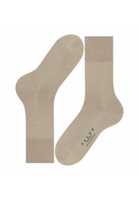 Beige Baumwollsocken mit gerippten Bündchen und glatter Textur, mit dunkelblau gedrucktem Markenlogo auf der Sohle.