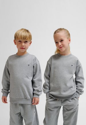 Grijze katoenen sweatshirts met lange mouwen en geribbelde manchetten, voorzien van een klein logo op de borst, gecombineerd met bijpassende grijze sweatpants.