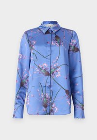 Μπλε μεταξωτή μπ�λούζα με λουλουδάτο σχέδιο σε ροζ και πράσινες αποχρώσεις, με δομημένο γιακά και μακριά μανίκια με κουμπιά στον καρπό.