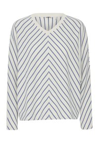 Pullover a V in crema con motivo a zigzag blu. Vestibilità ampia e maniche lunghe realizzato in morbido tessuto testurizzato. Design leggero e casual.