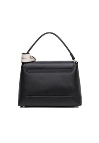 Borsa a mano in pelle nera con forma strutturata, superficie testurizzata, manico corto e tracolla in tessuto con dettagli del logo.