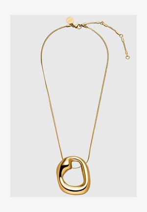 Zlato-tonirana veriga z ukrivljenim, abstraktnim obeskom v obliki povezane zanke. Veriga ima teksturiran zaključek in zapiranje na sponko.