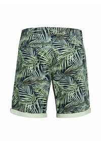 Shorts pour hommes avec motif feuillage de palmier tropical vert et noir et revers verts clairs roulés, vus de dos.
