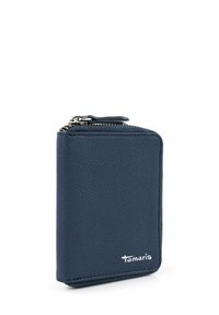 Compact navy blue leather wallet with a zipper closure and a small silver Tamaris logo on the bottom right corner.