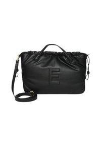 Borsa a mano in pelle nera con parte superiore arricciata, lettera "E" in rilievo sulla parte anteriore e tracolla removibile. Texture liscia e design minimalista.