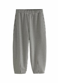 Harmaa ja valkoinen houndstooth-kuvioinen housu, jossa on joustava vyötärö, lyhennetty muotoilu ja kapenevat lahkeet. Kevyt kangas.