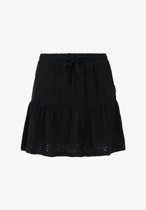 Zwarte knielange rok gemaakt van textuurstof met een trekkoord in de taille, voorzien van uitsnijdingen en een gelaagde ruches ontwerp.