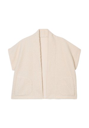 Kort, cremefarvet kimono-stil cardigan lavet af tekstureret stof med åben front, korte ærmer og to forreste lommer.