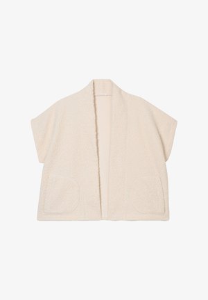 Krótki kardigan w stylu kimono w kolorze kremowym, wykonany z teksturowanej tkaniny, z otwartym przodem, krótkimi rękawami i dwiema przednimi kieszeniami.