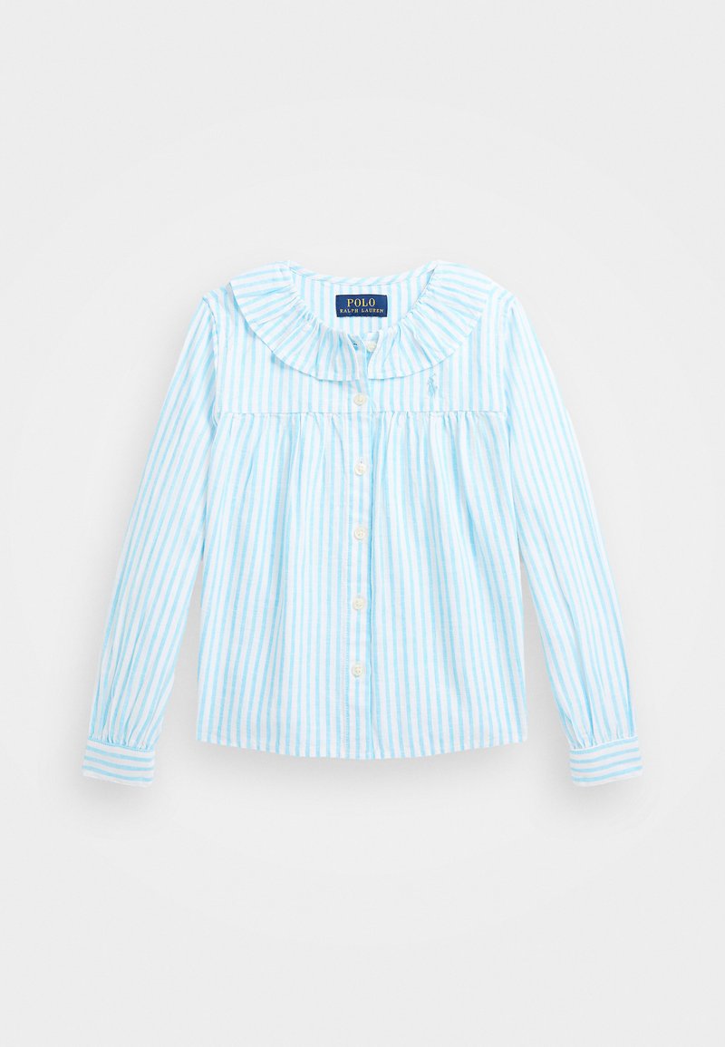 Light blue striped button-up shirt with a ruffled collar, long sleeves, and front pleating. Made from woven fabric with a soft texture.