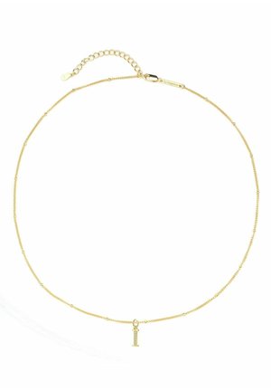 Gold chain necklace with small beads and a vertical pendant. Features a lobster clasp and extension chain for adjustable length.