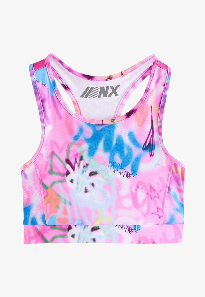 Sutien sport roz, fabricat dintr-un material elastic, cu un model abstract colorat. Dispune de un design racerback și un logo imprimat la gât.