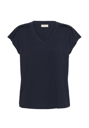 Marinblå T-shirt med V-hals och korta ärmar. Har spetsdetaljer på axlarna. Tillverkad av mjukt material med en avslappnad passform.
