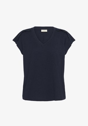 T-shirt blu navy a V con maniche corte. Presenta un bordo in pizzo sulle spalle. Realizzato in un tessuto morbido con una vestibilità comoda.