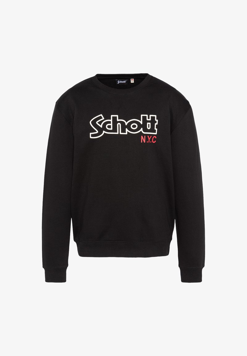 Sweat-shirt noir col rond avec "Schott" en lettres blanches délimitées et "N.Y.C" en plus petit texte rouge sur la poitrine.