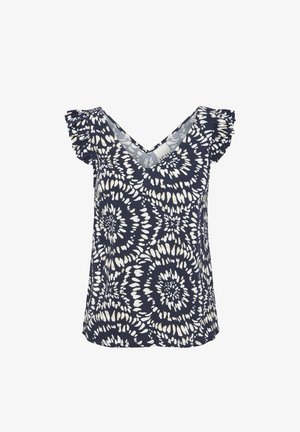 Marineblauwe V-hals top met ruches mouwen, voorzien van een wit bloempatroon. Lichte stof met een gladde textuur en een losse pasvorm.