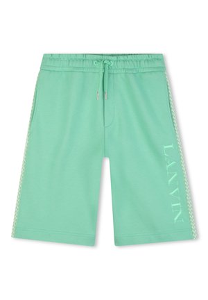 Shorts à cordon vert menthe avec poches latérales et texte "LANVIN" brodé sur la jambe droite, avec des bandes latérales à motifs.