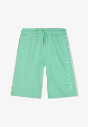 Shorts à cordon vert menthe avec poches latérales et texte "LANVIN" brodé sur la jambe droite, avec des bandes latérales à motifs.