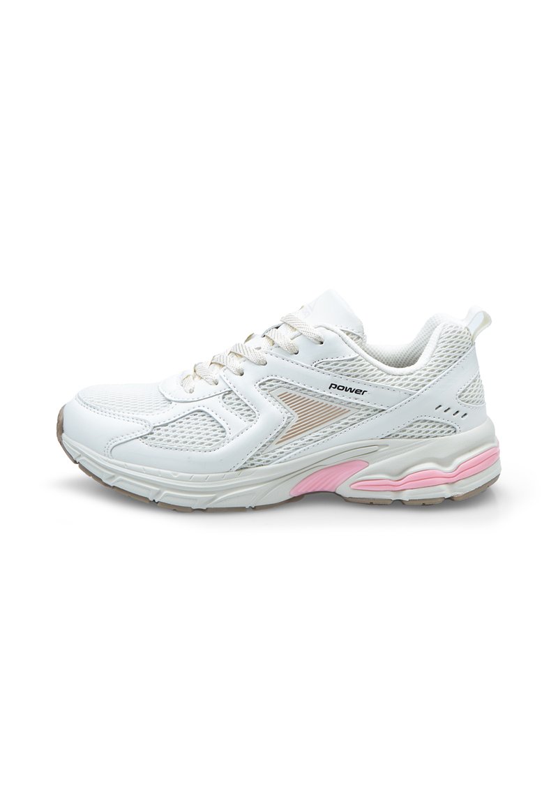 White athletic shoe with mesh upper, pink and gray accents, padded collar, and textured sole for enhanced grip and comfort.